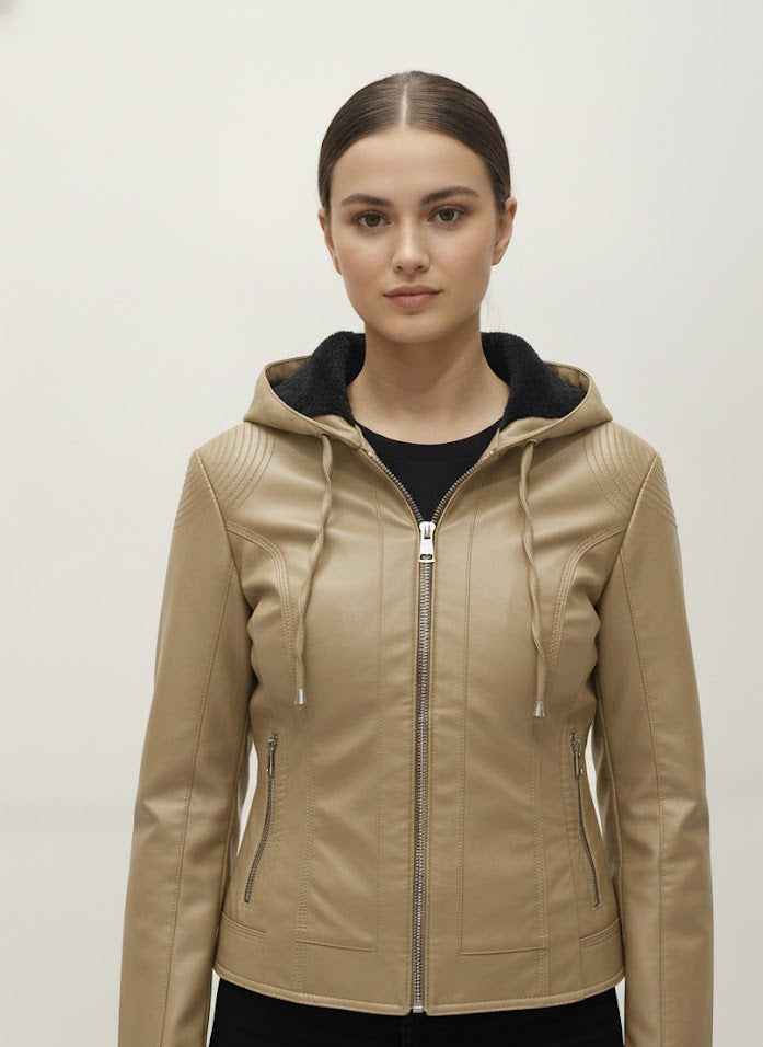 Faux Leather Jacket with Hood
