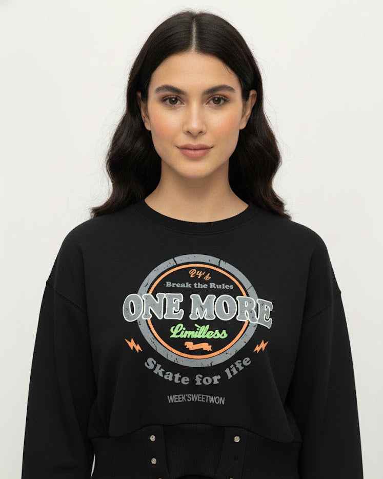 Cropped Graphic Sweatshirt with Studded Hem – ONE MORE