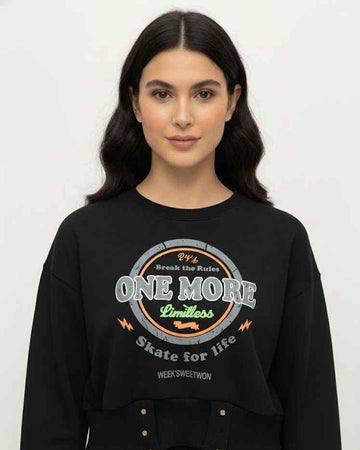 Cropped Graphic Sweatshirt with Studded Hem – ONE MORE