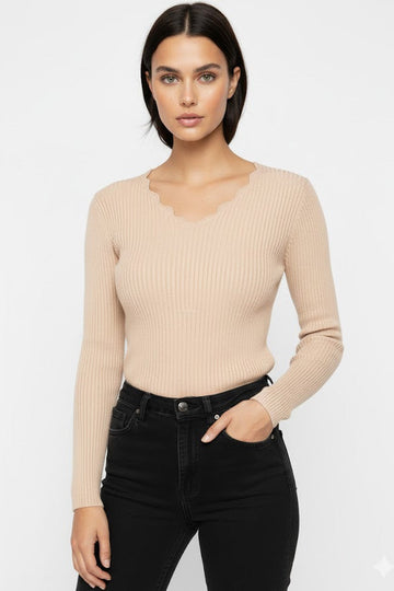 Ribbed Scallop Neck Sweater – Elegant Fitted Knit Top for Women