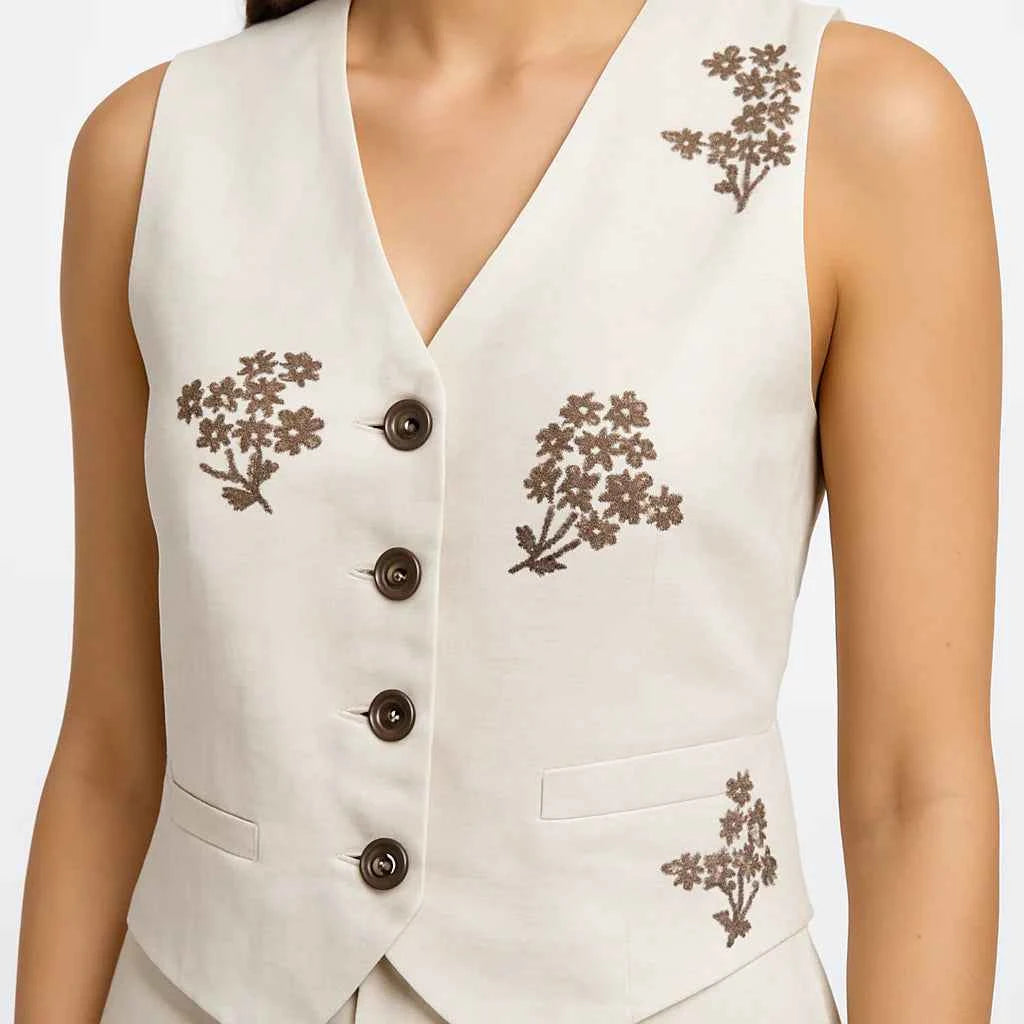 Women’s Embroidered Button Vest | Elegant Sleeveless Waistcoat