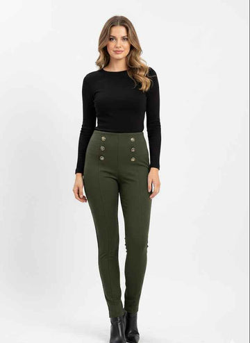 High-Waist Slim Pants with Button Detail
