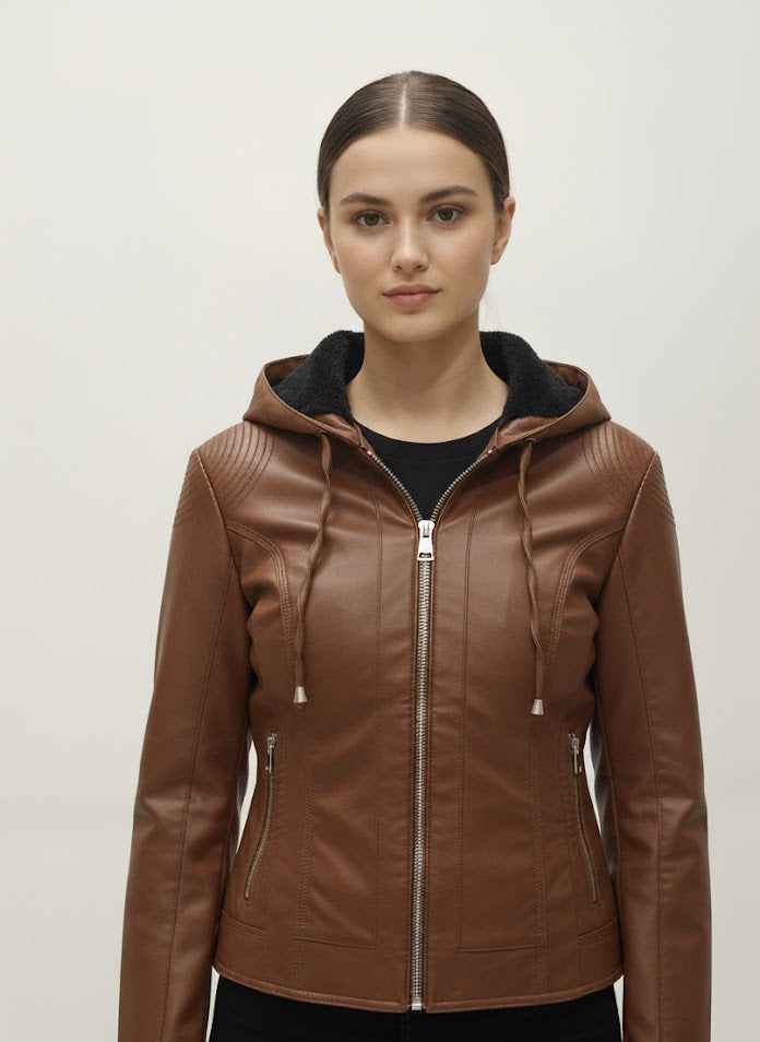 Faux Leather Jacket with Hood