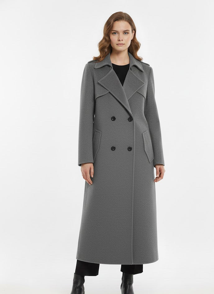 Long Double-Breasted Coat with Lapel Collar
