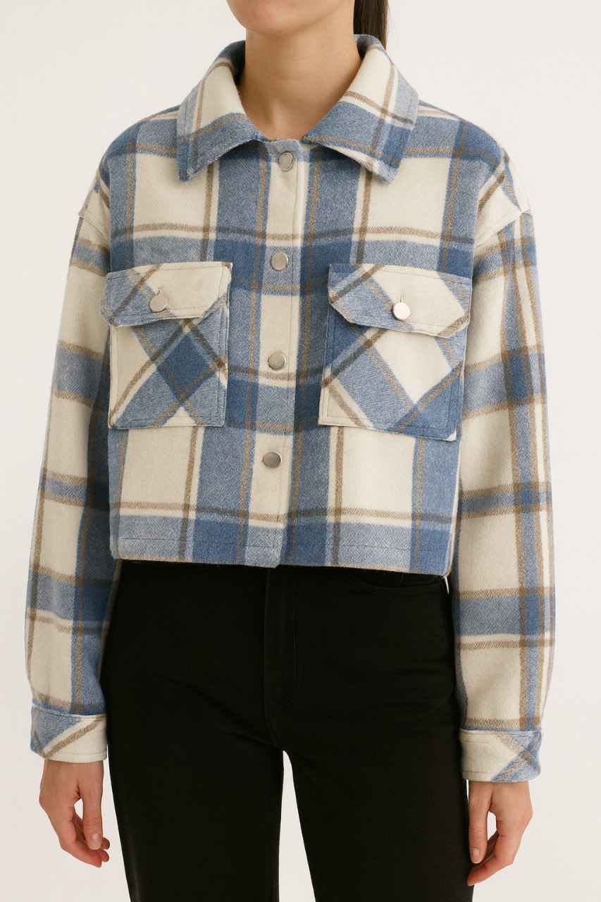 Cropped Plaid Jacket with Front Pockets