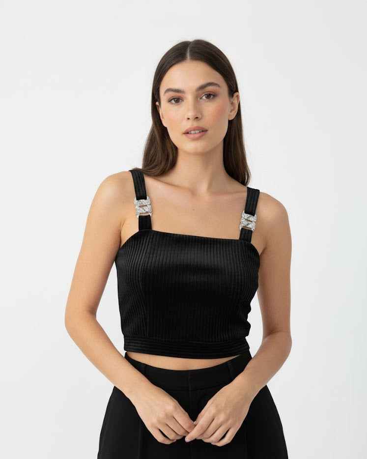 Ribbed Satin Crop Top with Embellished Straps