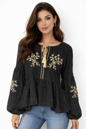 Embroidered Peplum Blouse with Tie-Neck Detail