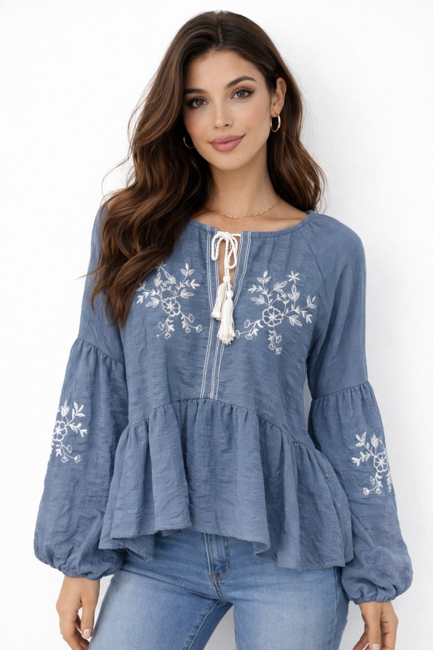 Embroidered Peplum Blouse with Tie-Neck Detail - ONE MORE
