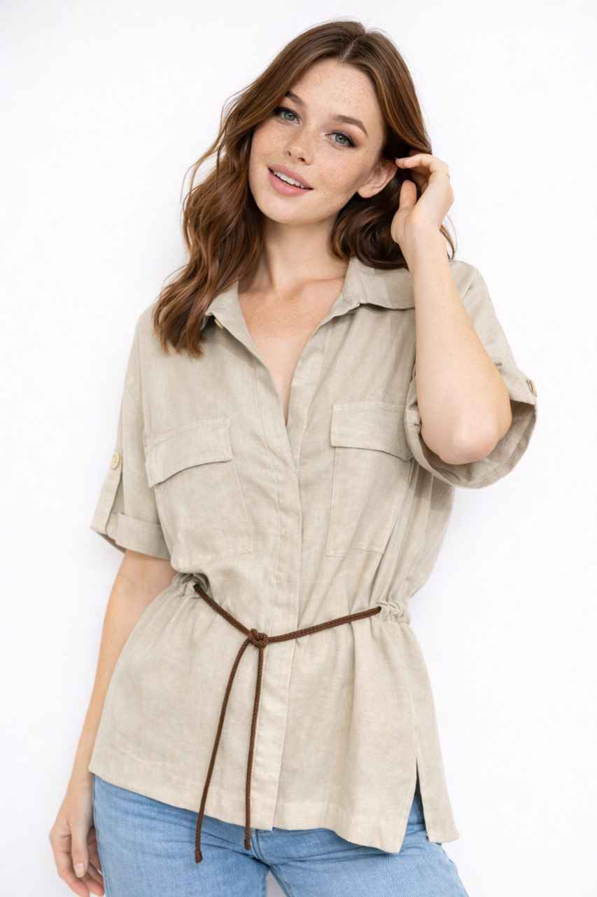Drawstring Waist Utility Blouse