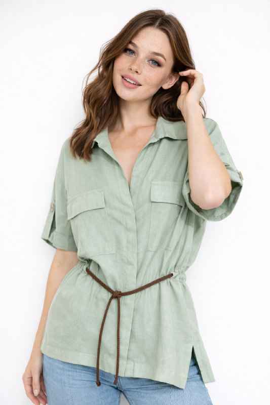Drawstring Waist Utility Blouse