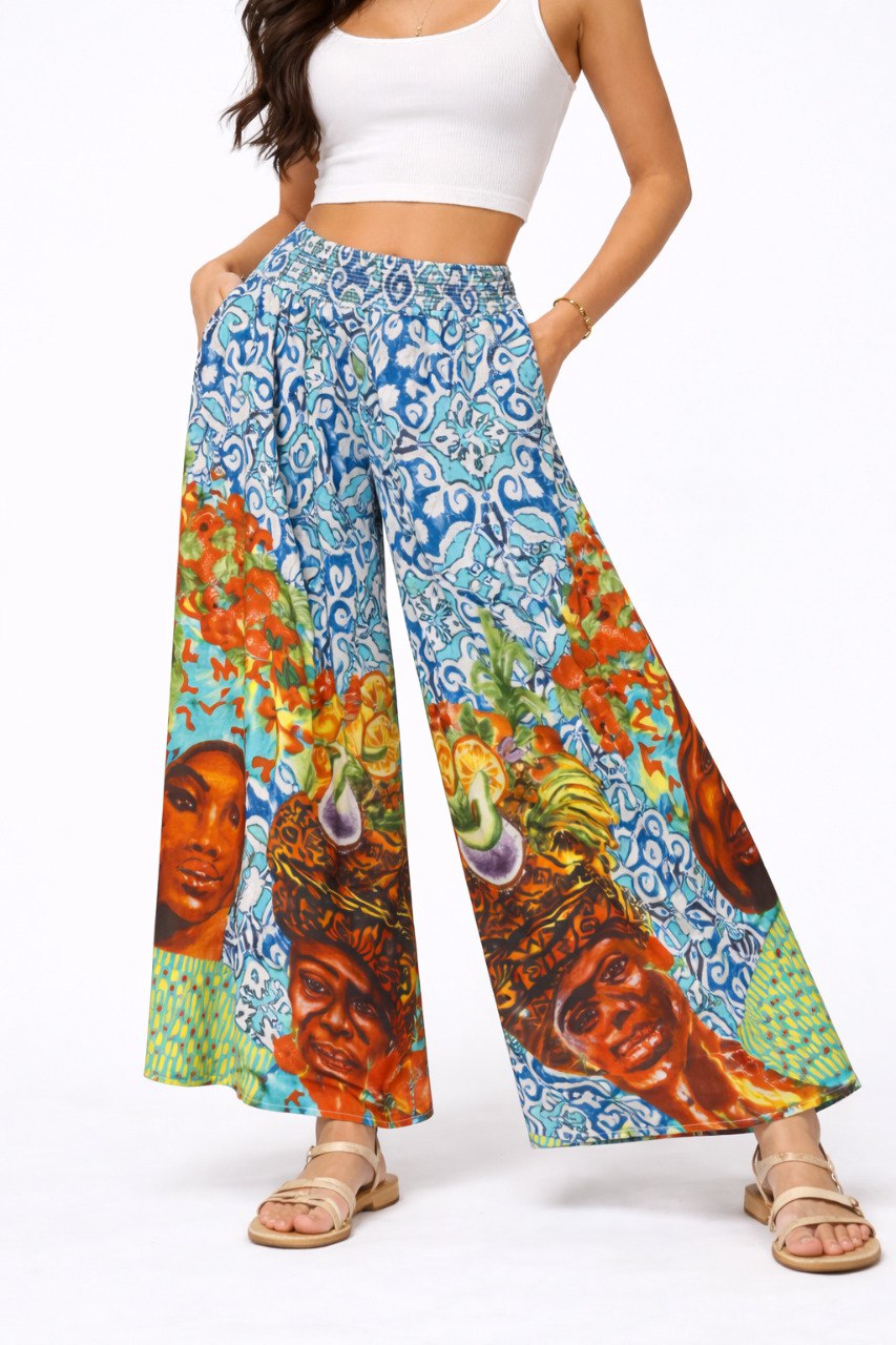 Artistic Print Wide-Leg Pants