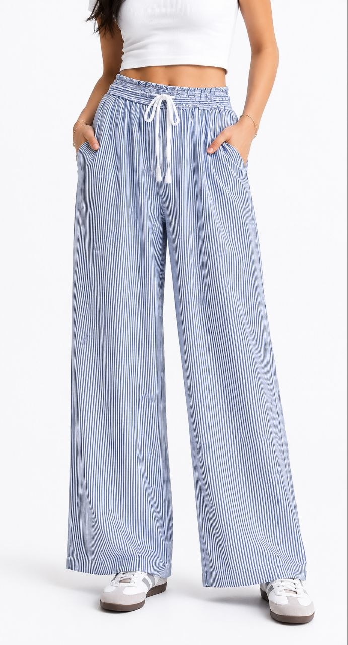 Striped Wide-Leg Drawstring Pants