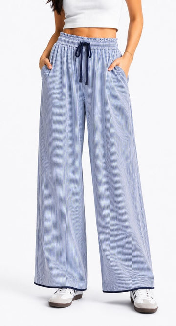 Striped Wide-Leg Drawstring Pants