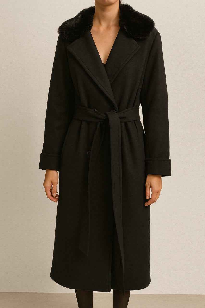 Long Classic Coat with Faux Fur Collar