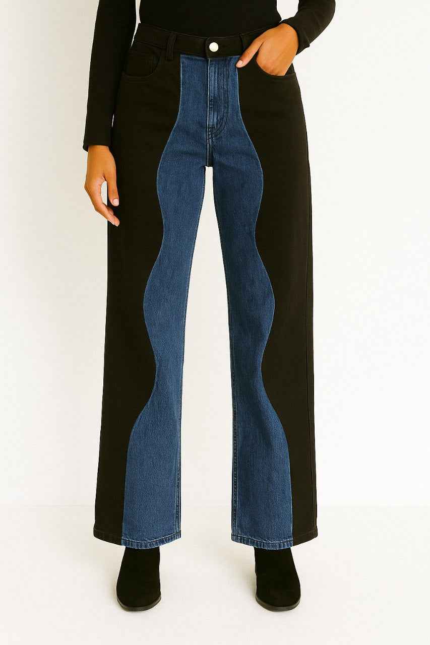 High-Waist Color Block Jeans with Wavy Design