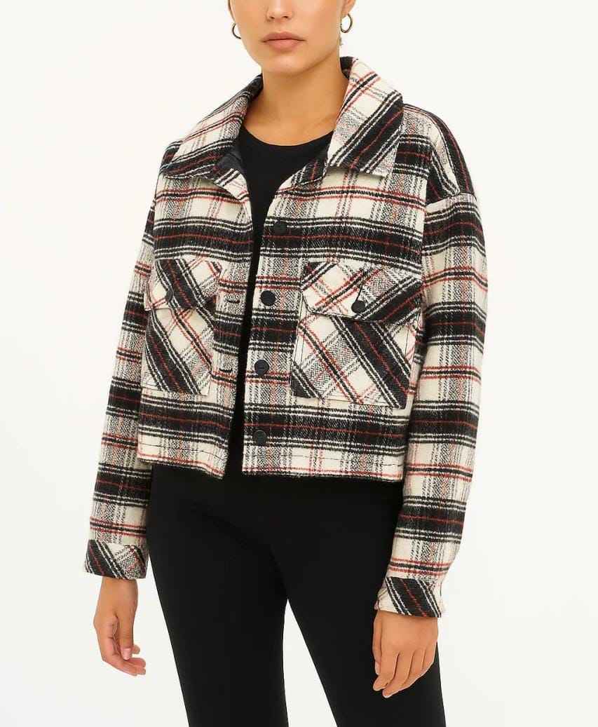 High-Waist Checked Cropped Jacket with Front Pockets