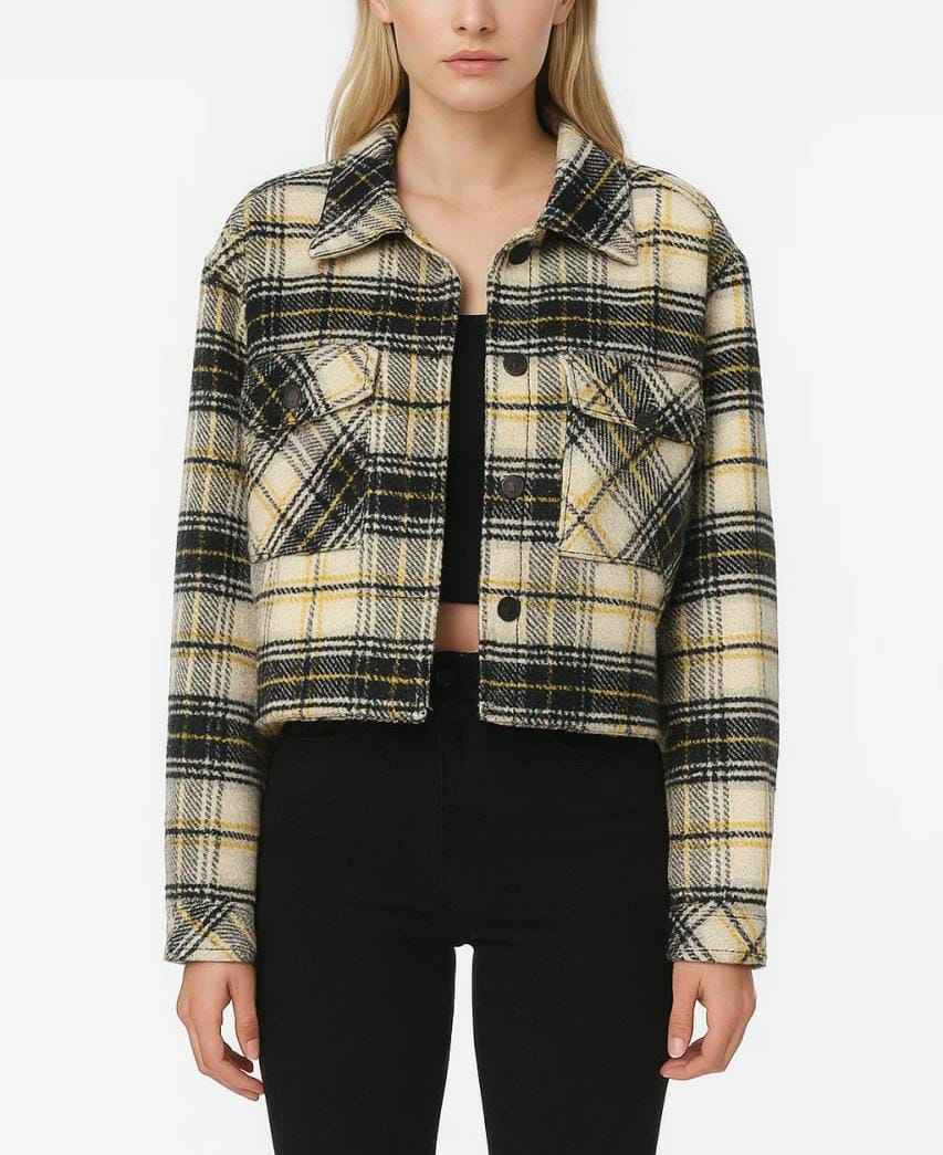 High-Waist Checked Cropped Jacket with Front Pockets