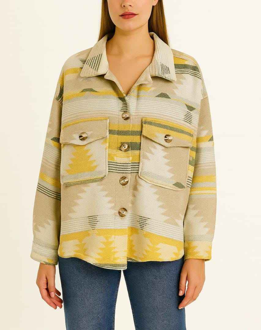Patterned Oversized Shirt Jacket with Front Pocket