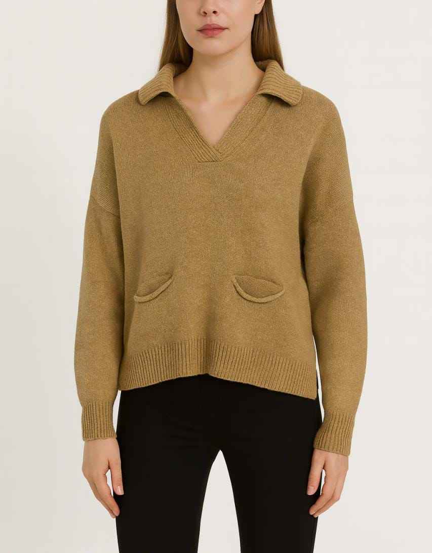 Soft Knit Sweater with Collar and Front Pockets
