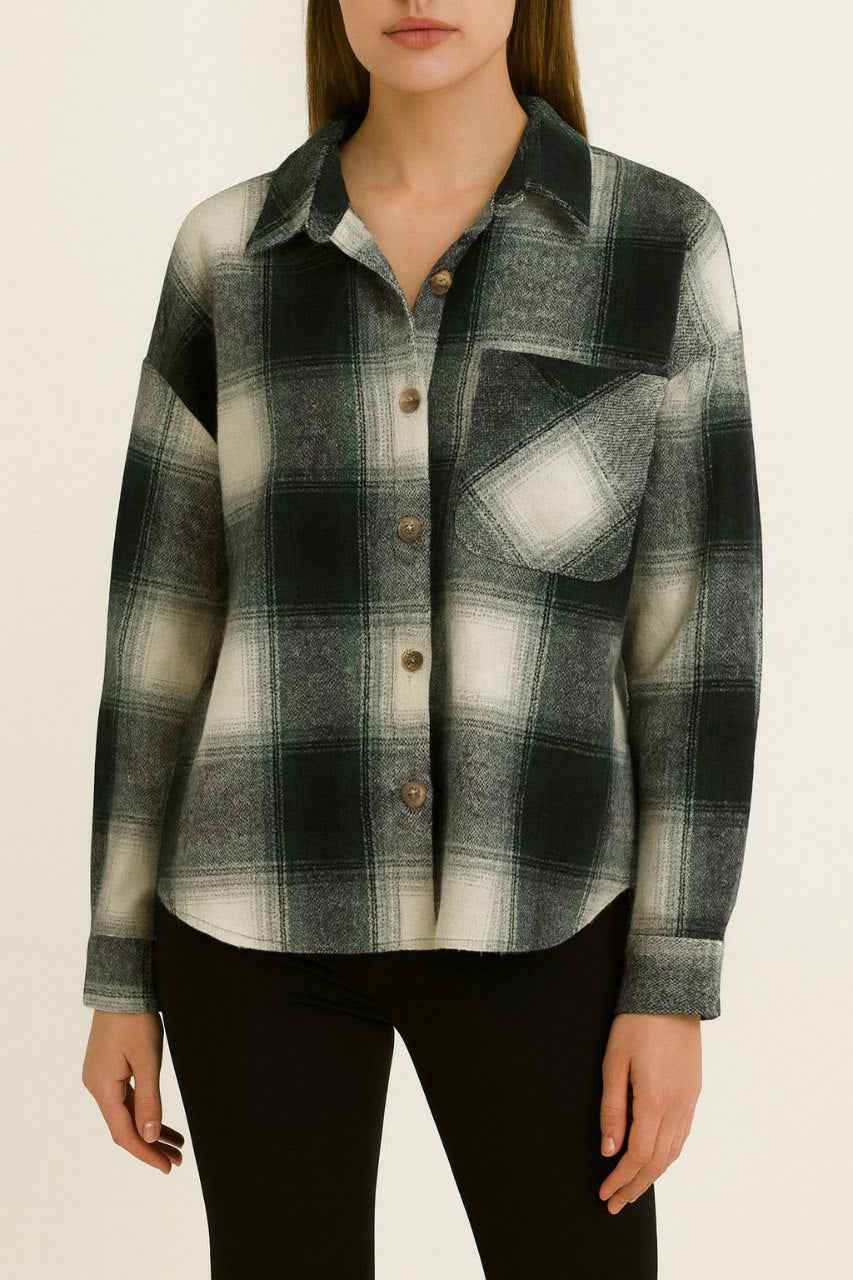 Checked Shirt Jacket with Cartoon Back Print