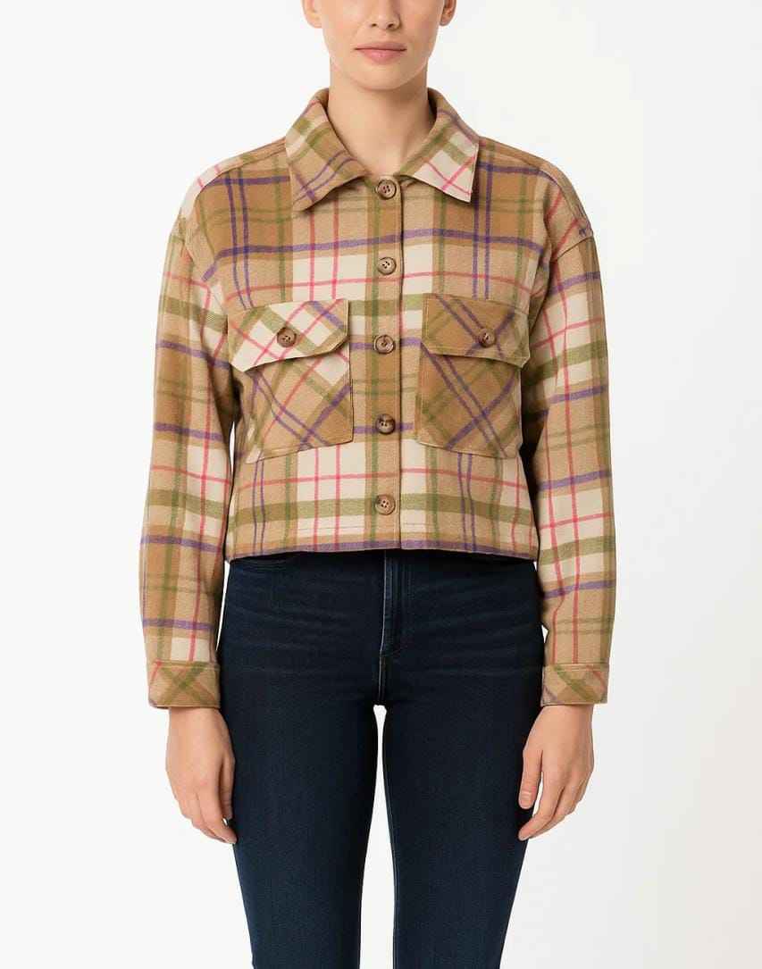 Checked Cropped Jacket with Front Pockets