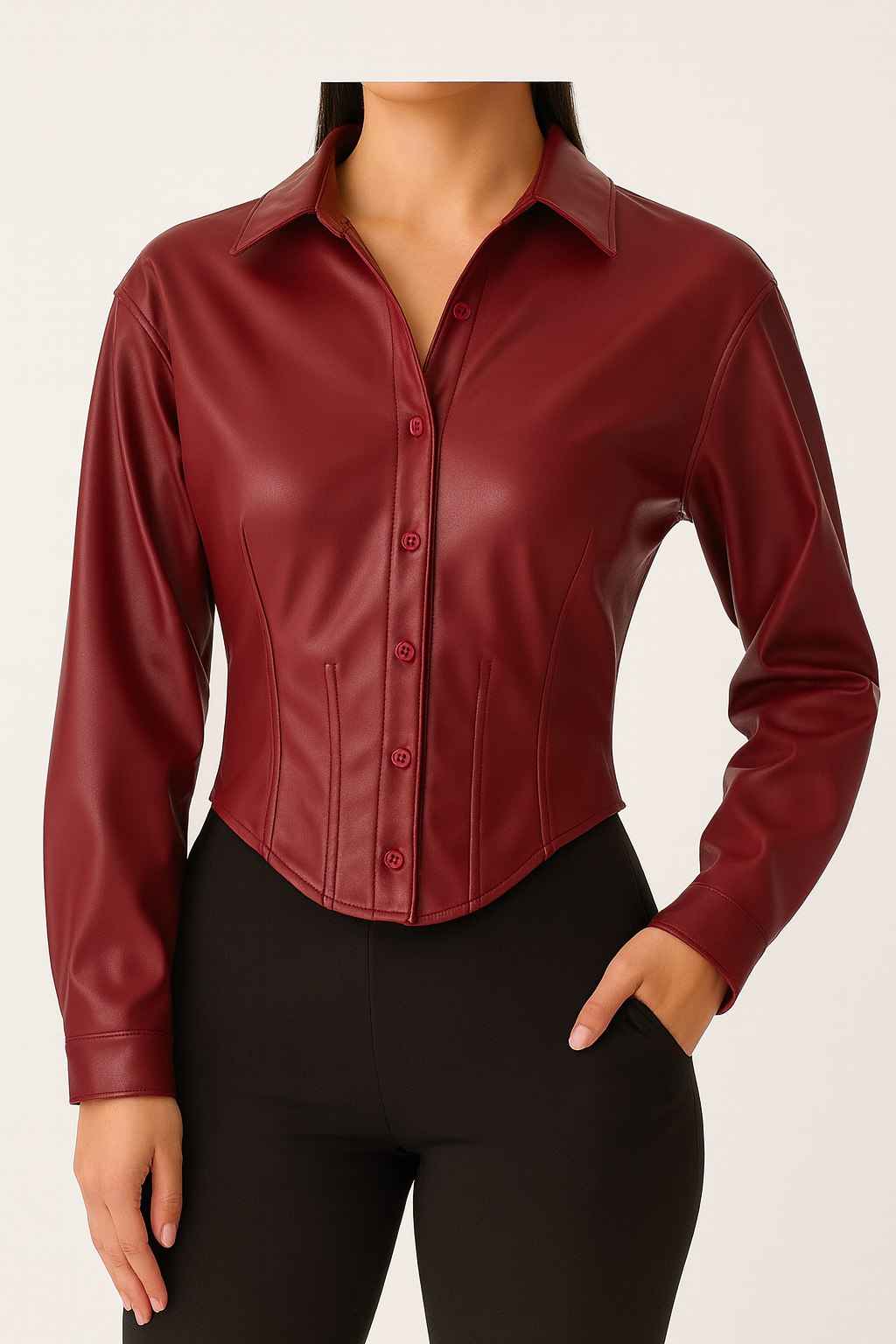 Faux Leather Fitted Button-Down Top
