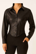 Faux Leather Fitted Button-Down Top