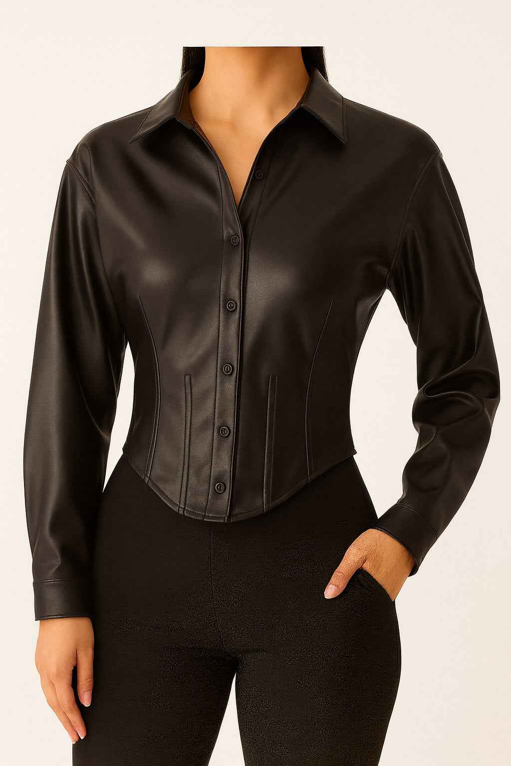 Faux Leather Fitted Button-Down Top