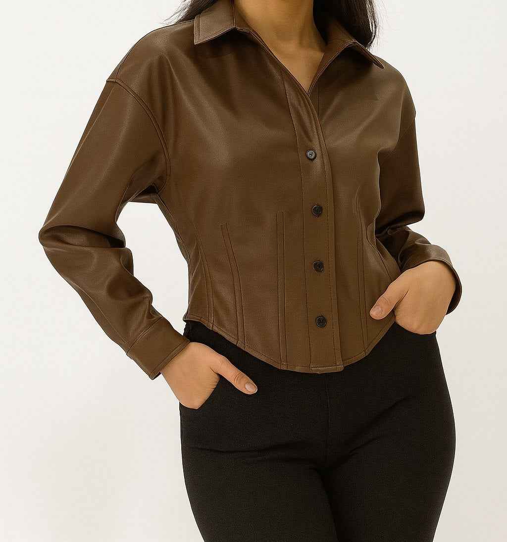 Faux Leather Fitted Button-Down Top