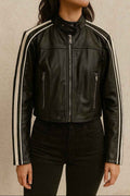 Leather Biker Jacket with Shoulder Stripes