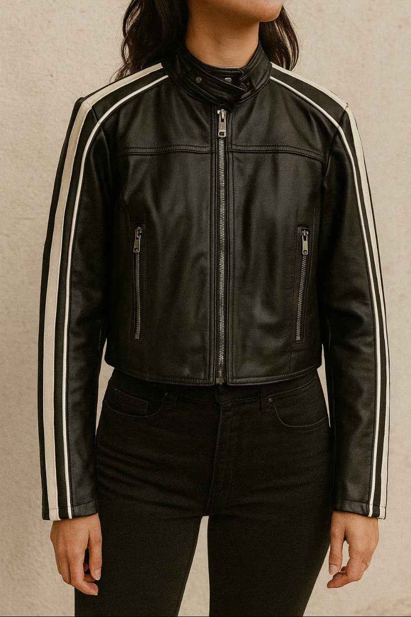 Leather Biker Jacket with Shoulder Stripes