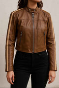 Leather Biker Jacket with Shoulder Stripes