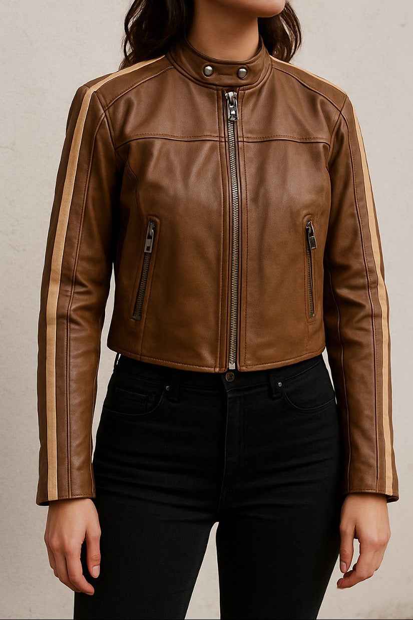 Leather Biker Jacket with Shoulder Stripes