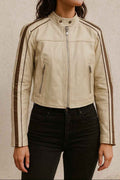 Leather Biker Jacket with Shoulder Stripes