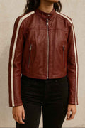 Leather Biker Jacket with Shoulder Stripes