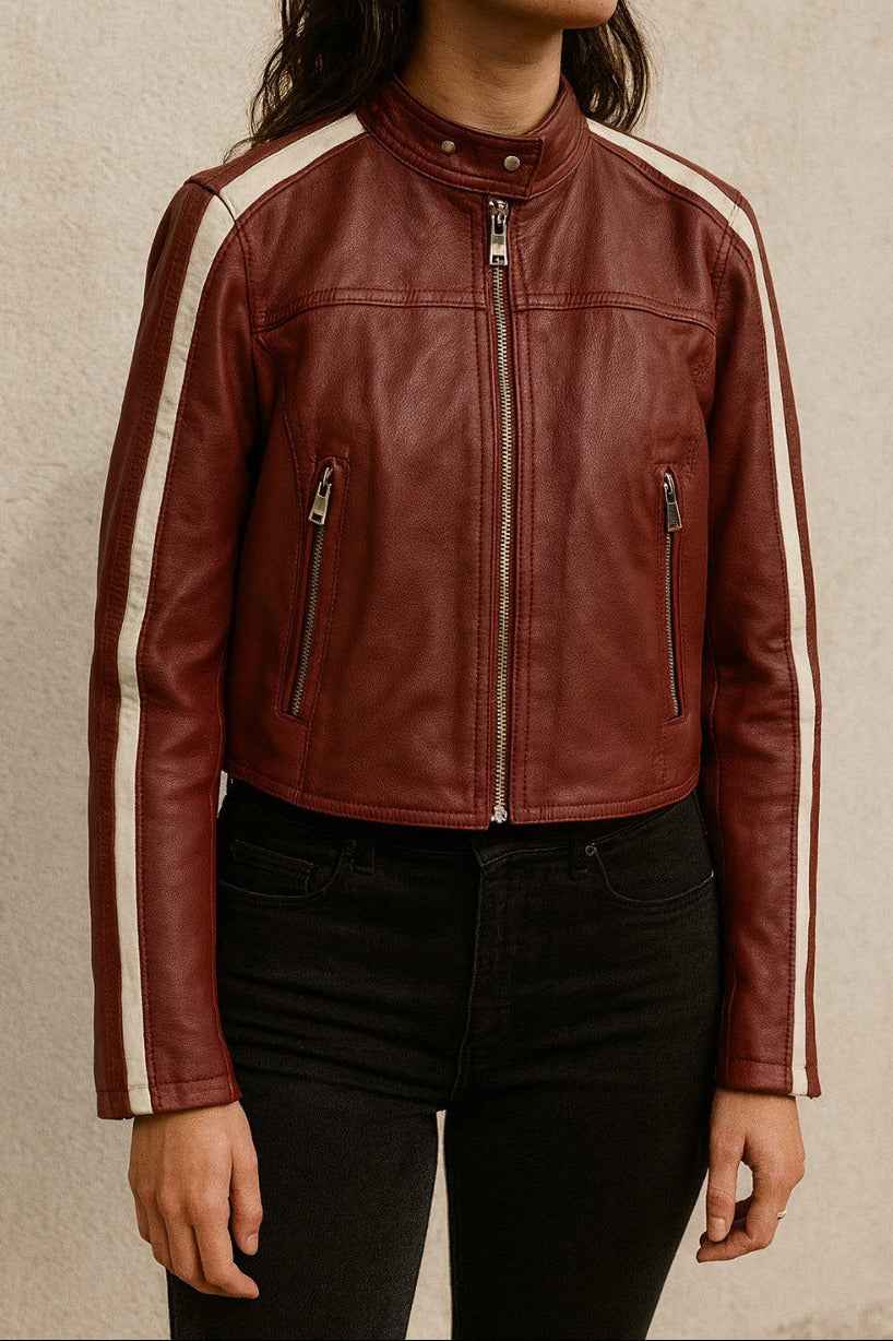 Leather Biker Jacket with Shoulder Stripes