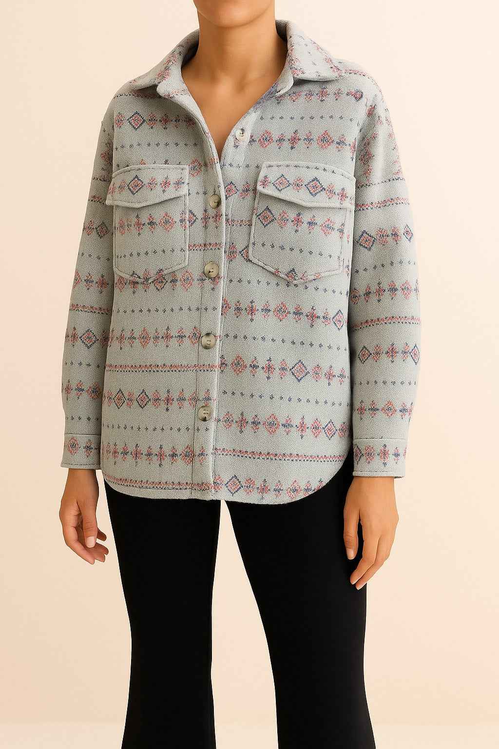 Patterned Oversized Wool Shirt Jacket