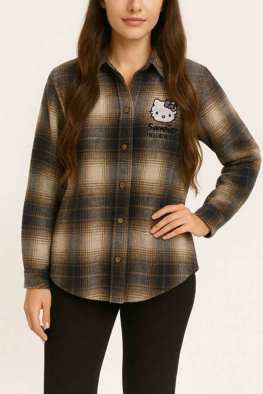 Oversized Checked Shirt with Hello Kitty Embroidery