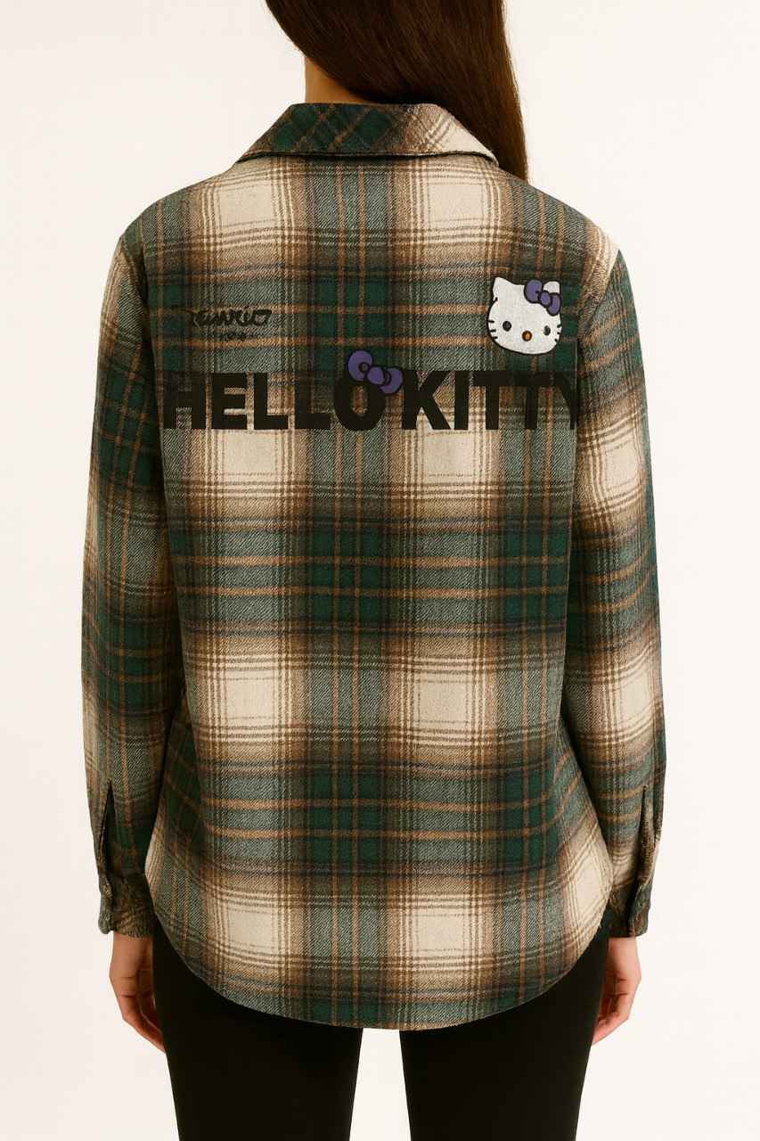 Oversized Checked Shirt with Hello Kitty Embroidery