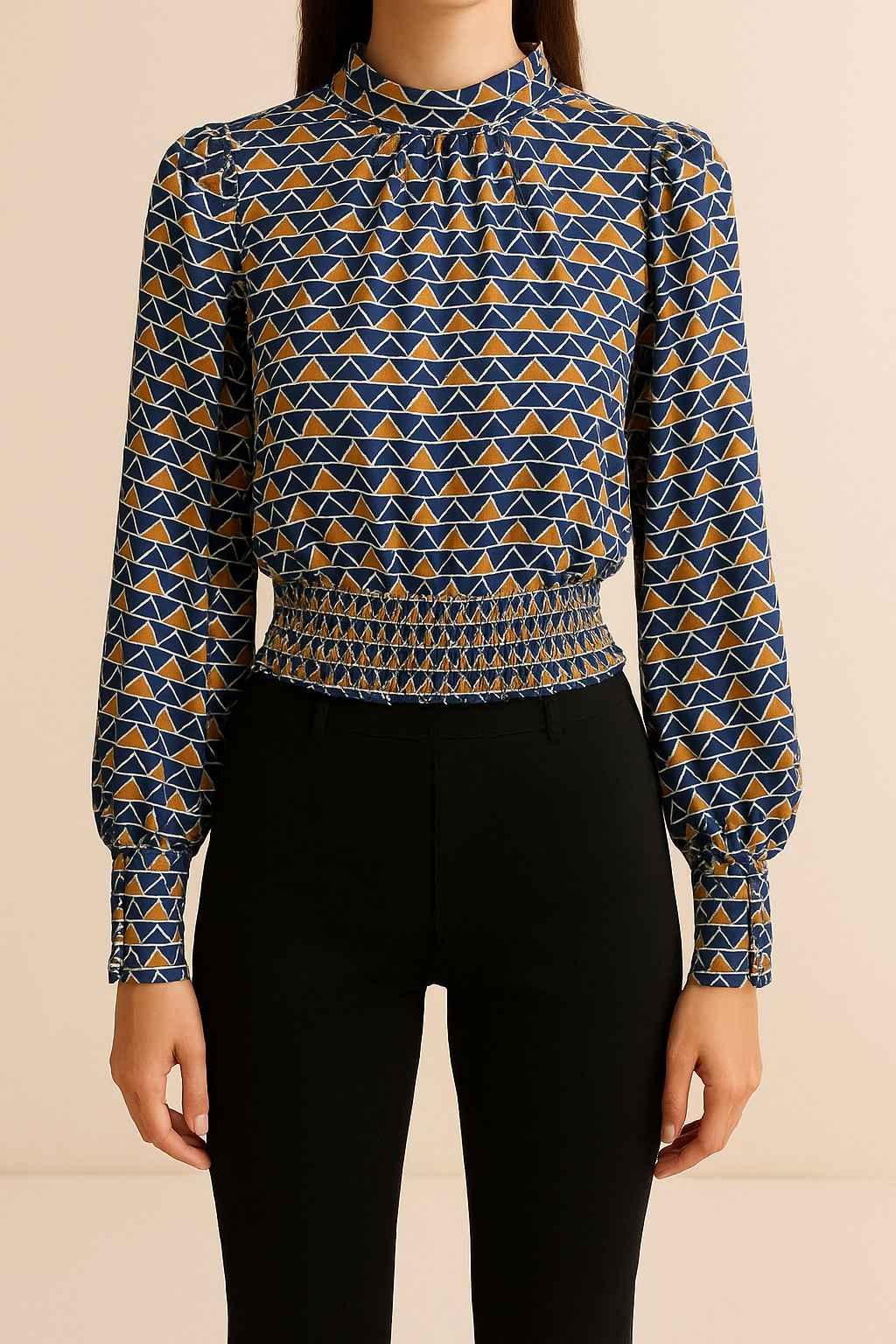 High Neck Winter Blouse with Printed Design and Smocked Waist