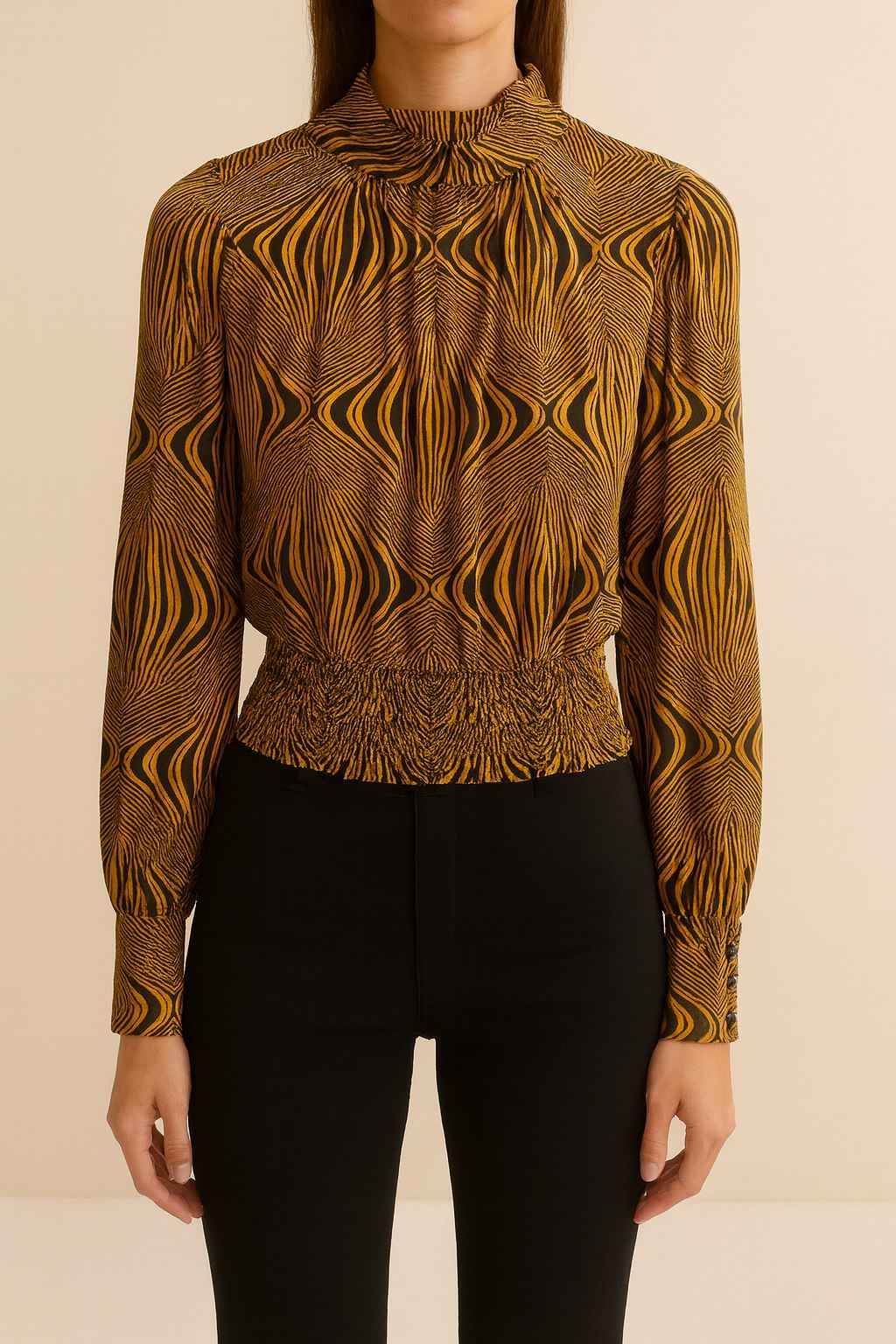 High Neck Winter Blouse with Printed Design and Smocked Waist