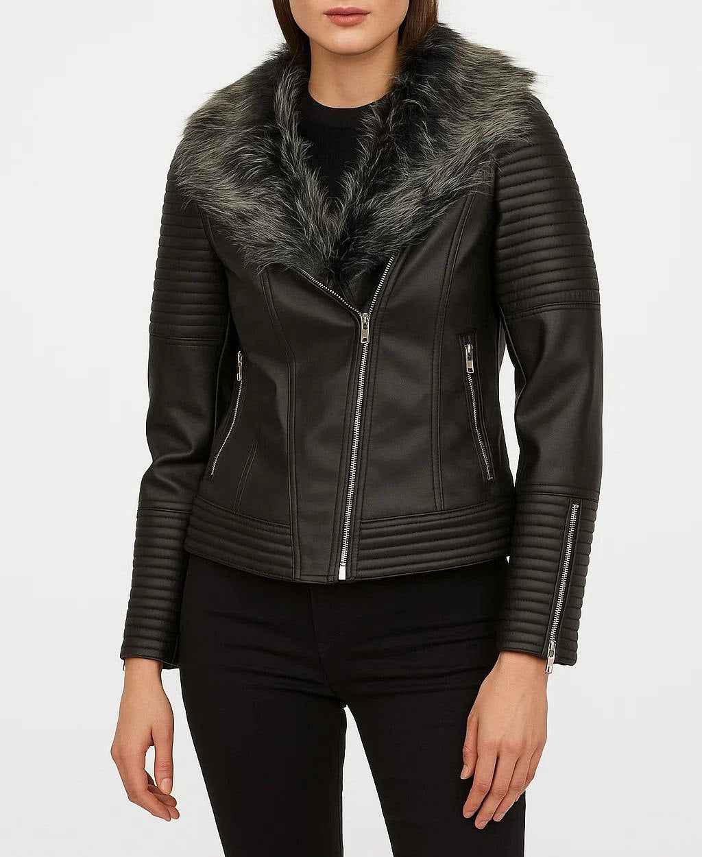 Faux Leather Jacket with Faux Fur Collar