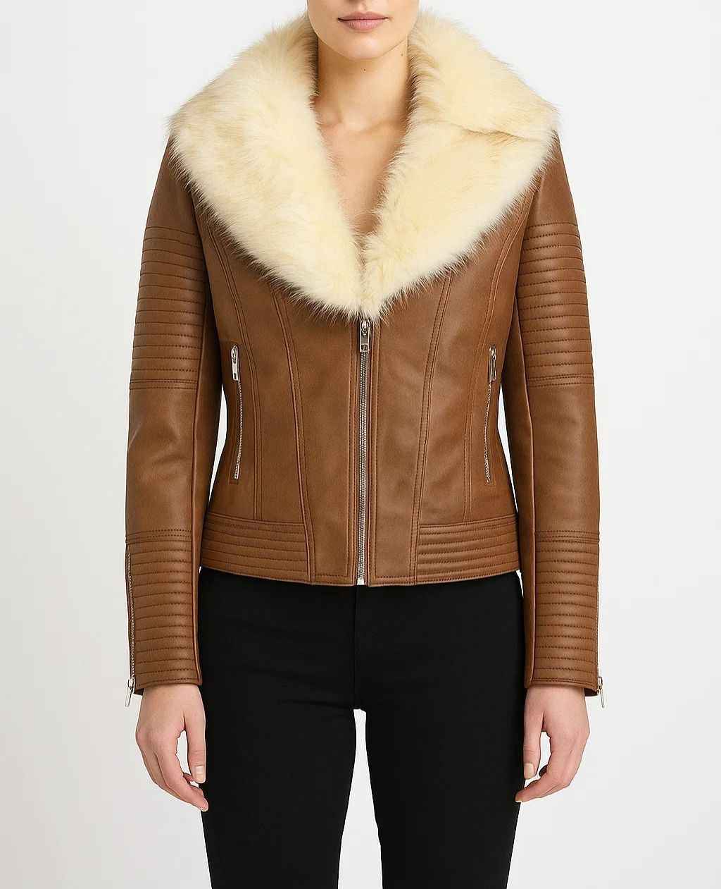 Faux Leather Jacket with Faux Fur Collar