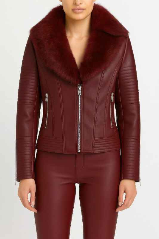 Faux Leather Jacket with Faux Fur Collar