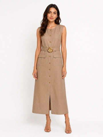 Linen Button-Front Midi Dress