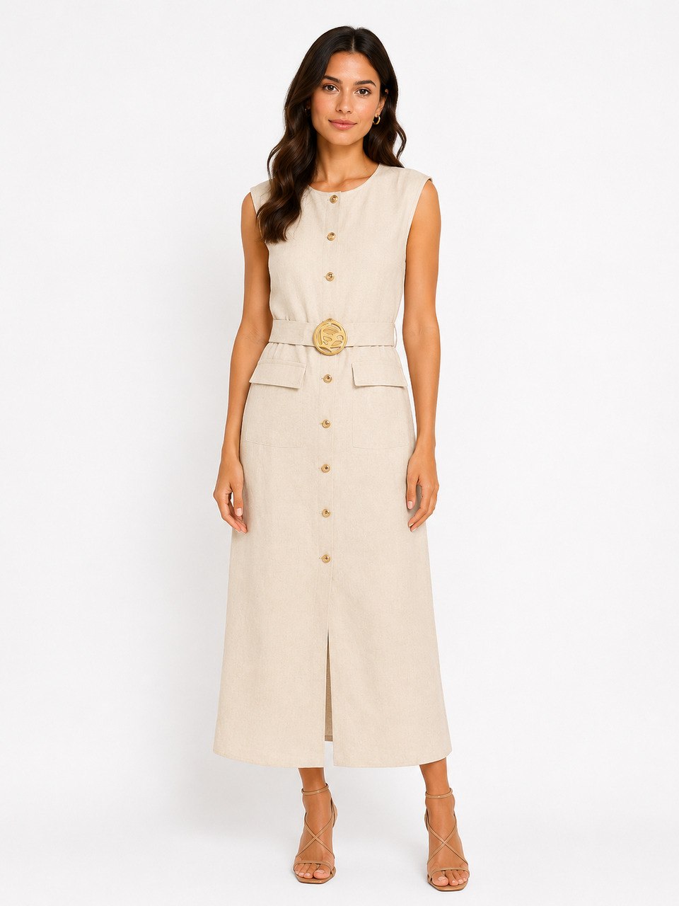 Linen Button-Front Midi Dress