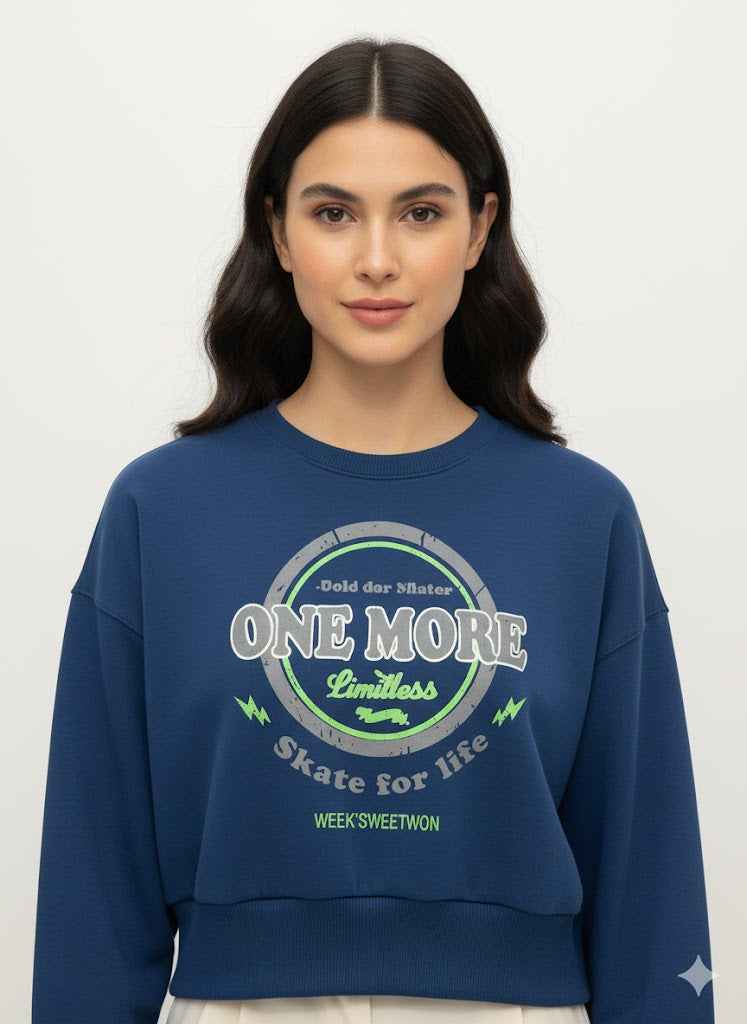 Cropped Graphic Sweatshirt with Studded Hem – ONE MORE