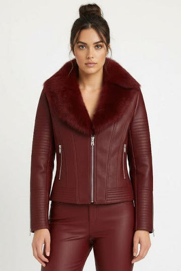 Faux Leather Jacket with Fur Collar – Elegant Winter Outerwear
