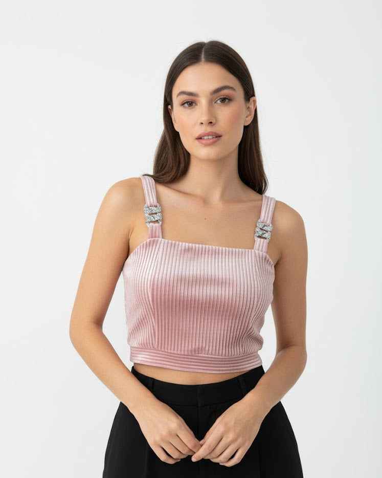 Ribbed Satin Crop Top with Embellished Straps