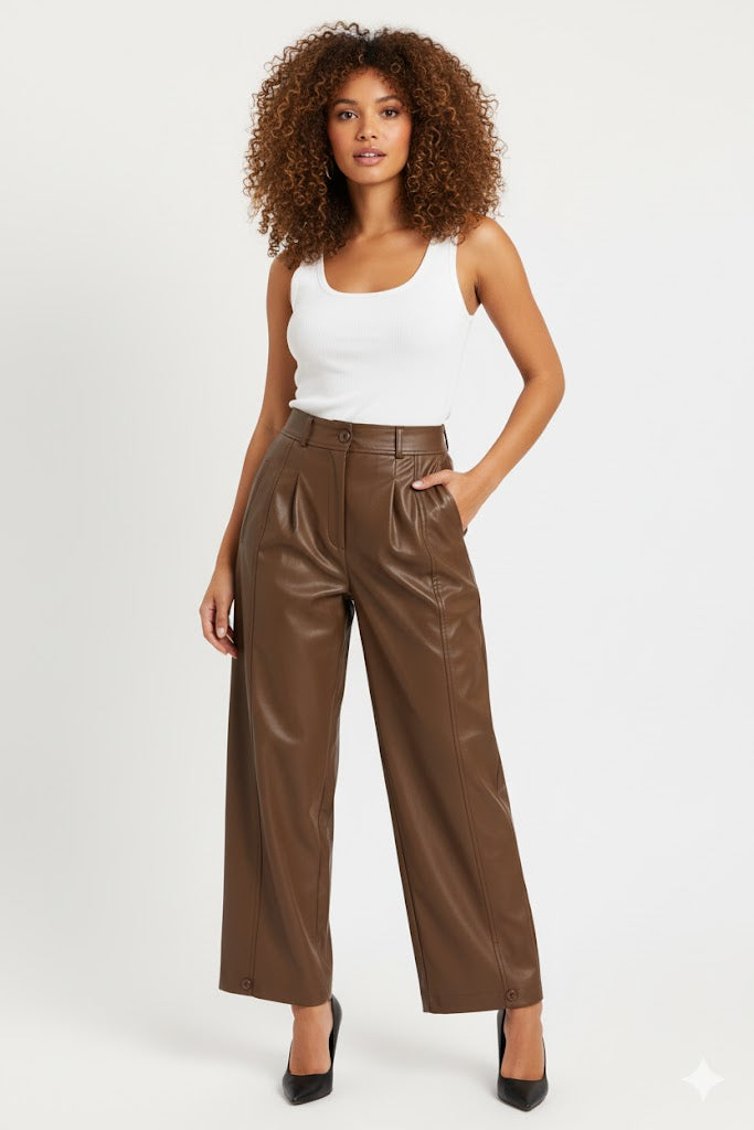 High Waist Faux Leather Wide Leg Pants – Bold, Chic & Timeless Elegance
